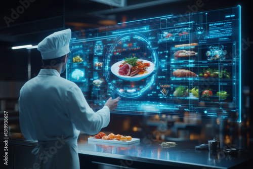 Culinary Visionary: A chef, immersed in a futuristic kitchen, interacts with a holographic display showcasing a gourmet dish, blending technology and gastronomy