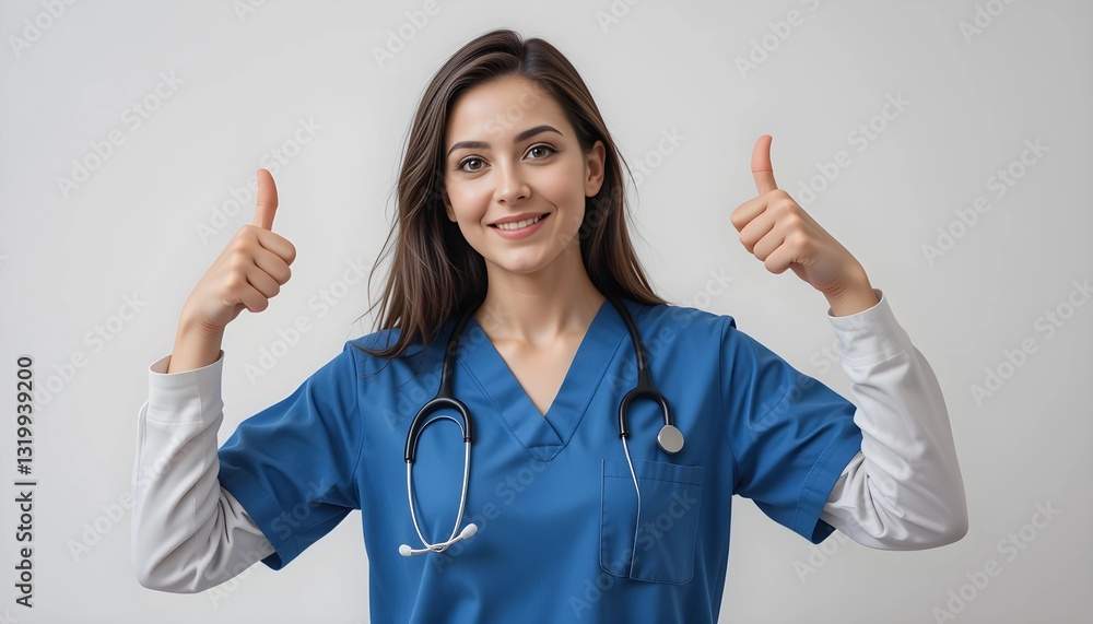 Female doctor smiling and giving thumbs up and OK sign in hospital Female doctor smiling and giving thumbs up and OK sign in hospital