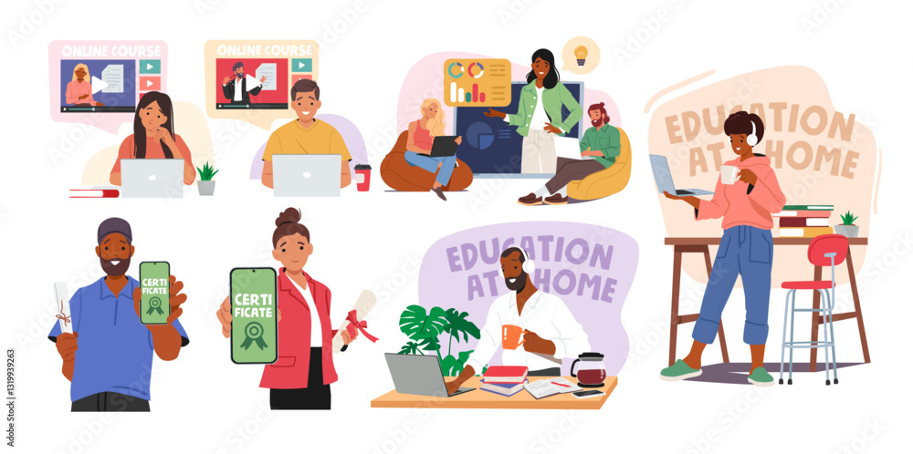 Diverse people characters using education at home responsibilities enjoying online studying Diverse people characters using education at home responsibilities enjoying online studying