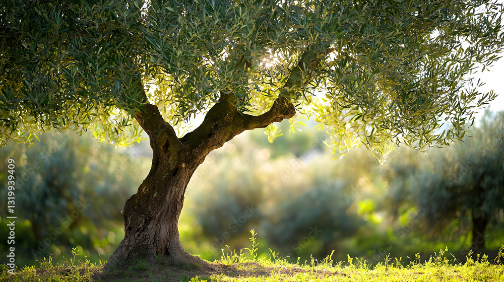 Fototapeta premium Majestic Olive Tree Bathed In Golden Sunlight In A Lush Grove