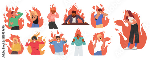Angry furious people characters in flame feeling aggression, irritation, hate negative emotion set