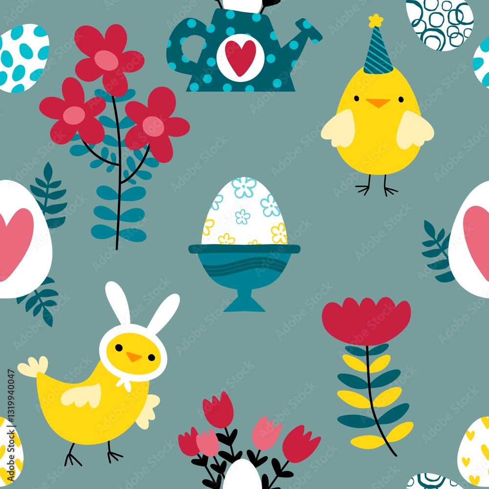 Easter chicken and eggs seamless birds pattern for wrapping paper and fabrics Easter chicken and eggs seamless birds pattern for wrapping paper and fabrics