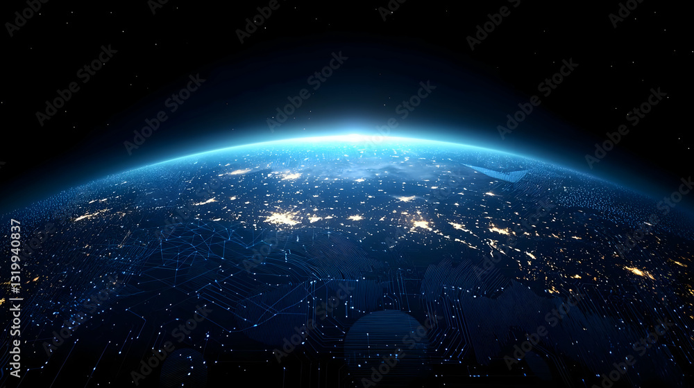 Fototapeta premium Abstract Blue Earth Planet Glowing With City Lights And Circuit Board Pattern In Dark Space Environment
