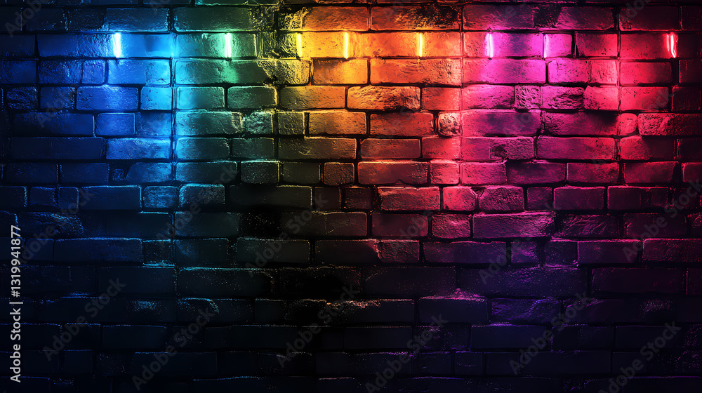 Rainbow lights cascade on a brick wall, glowing bright in a dark room. Luminous Cascade. Illustration Rainbow lights cascade on a brick wall, glowing bright in a dark room. Luminous Cascade. Illustration