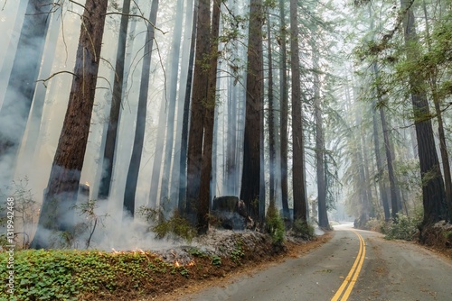 Photography Wildfire burns along a road in a redwood forest in Santa Cruz, California, USA in the CZU Lightning Complex wildfires in 2020