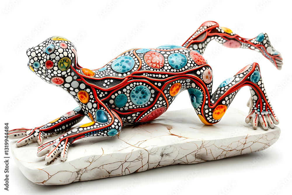 Obraz premium Colorful decorative lizard sculpture with intricate patterns, artistic handmade reptile figurine, vibrant folk art, unique cultural craftsmanship, ceramic animal statue, and abstract design