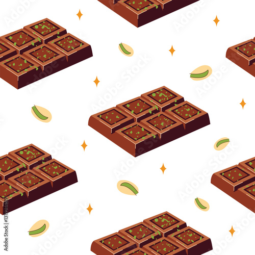 Seamless pattern with chocolate bar and pistachios. Culinary theme pattern, milk dubai chocolate. White isolated background.