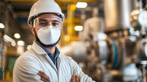 Professional Technician in Safety Gear at Modern Factory Setting photo