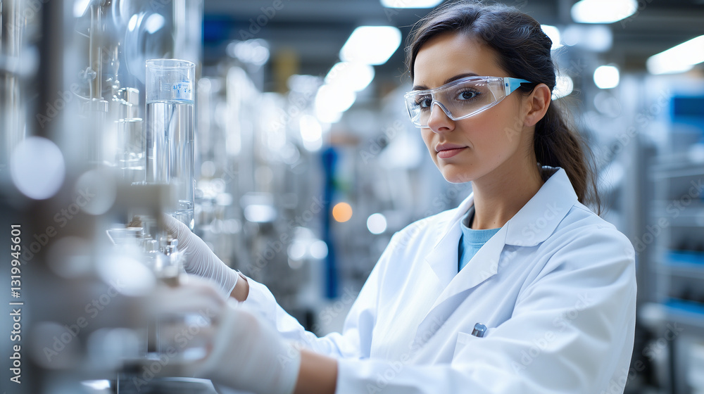 A focused female engineer conducting quality control in a factory environment A focused female engineer conducting quality control in a factory environment