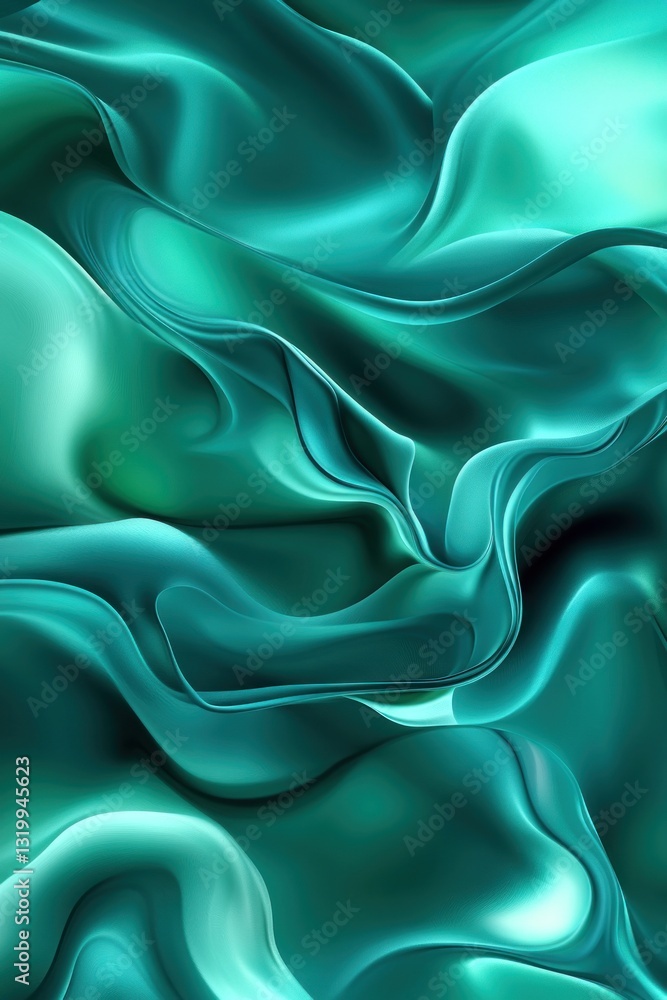 Obraz premium Abstract teal fabric texture with flowing waves, creating a sense of movement and depth, suitable for backgrounds or design