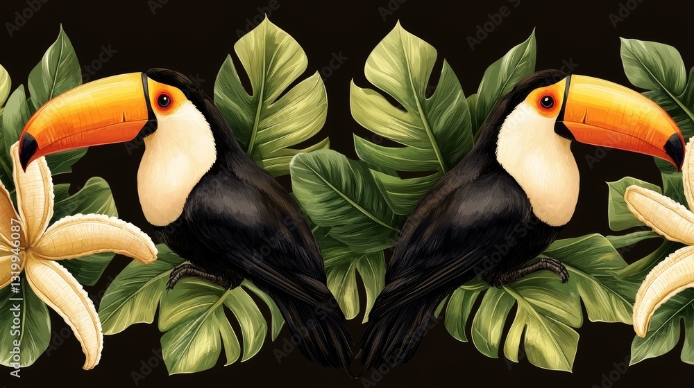 Fototapeta premium Exotic Toile de Jouy pattern featuring vibrant toucans, lush banana leaves, and delicate coconut trees, hand-drawn in fine vintage style