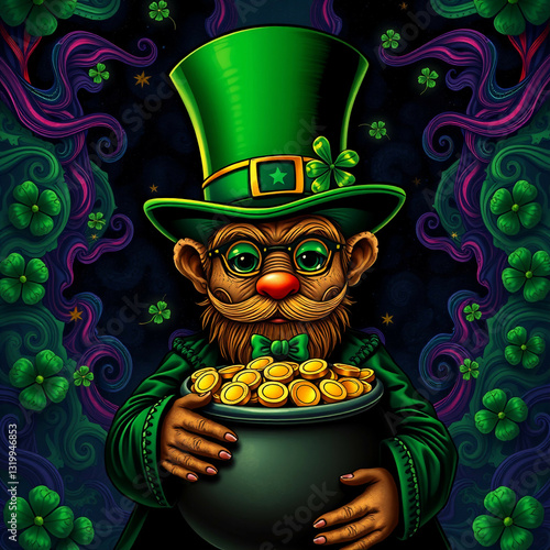 Cheerful leprechaun with gold and clover in a fantastic forest
