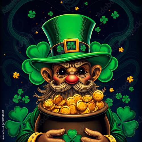Cunning Leprechaun with Pot of Gold and Shamrock – St. Patrick’s Day Fantasy Scene