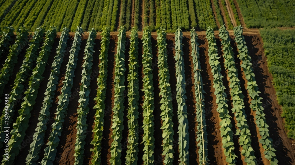 Fototapeta premium Aerial view of a cultivated agricultural field with rows of crops and various plants. Farming landscape.
