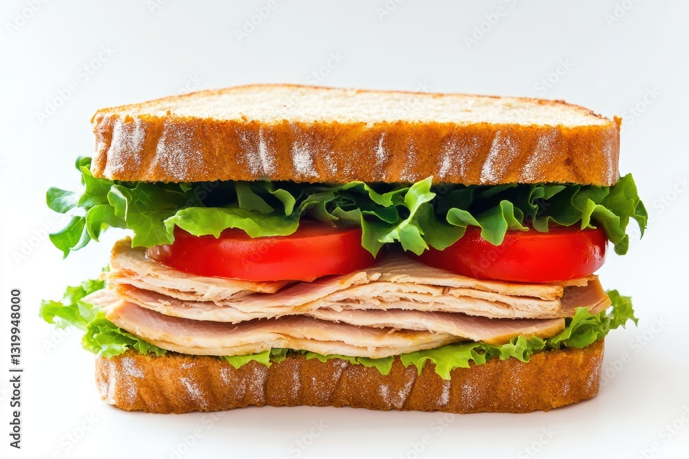 Fresh turkey sandwich with lettuce and tomato on whole grain bread Fresh turkey sandwich with lettuce and tomato on whole grain bread
