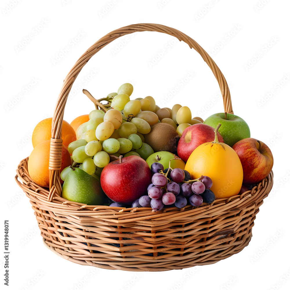 A beautifully arranged wicker basket filled with a variety of fresh fruits, including apples, grapes, oranges, and pears A beautifully arranged wicker basket filled with a variety of fresh fruits, including apples, grapes, oranges, and pears