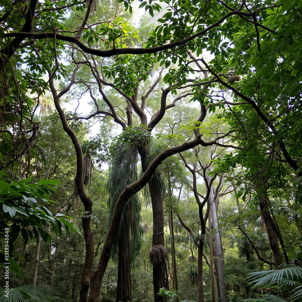 Fototapeta premium Lush Forest Canopy with Twisting Branches and Verdant Foliage