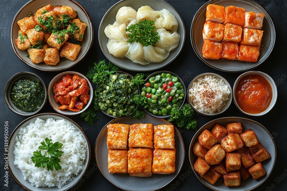 Colorful collection of tofu dishes served with rice and fresh vegetables in a vibrant layout Colorful collection of tofu dishes served with rice and fresh vegetables in a vibrant layout