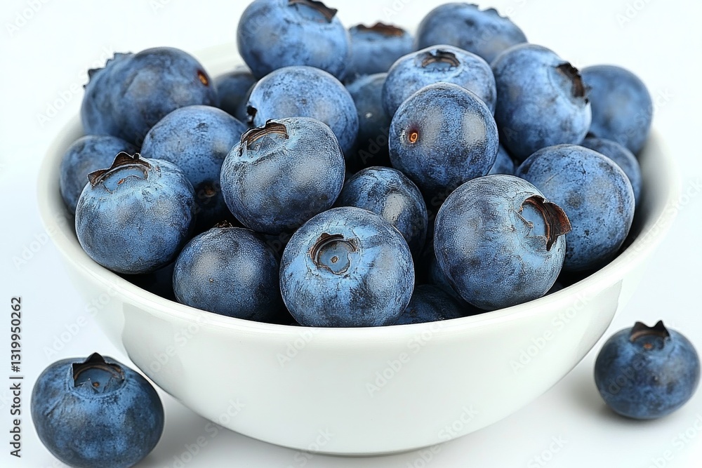 A close-up view of fresh blueberries piled in a white bowl on a plain background A close-up view of fresh blueberries piled in a white bowl on a plain background
