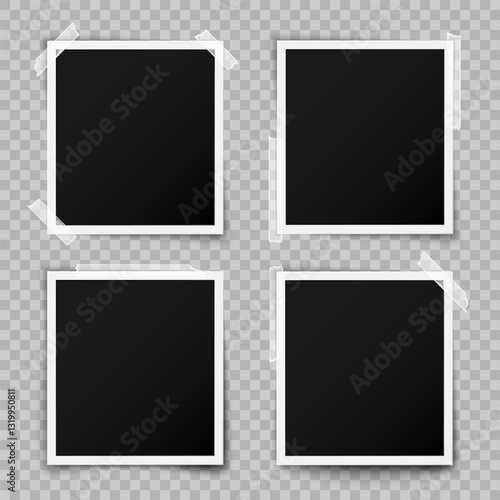 Collection of empty old photo frames with white borders and adhesive tape. Realistic vector mockup template isolated on transparent background, perfect for design projects, photo album or scrapbooking
