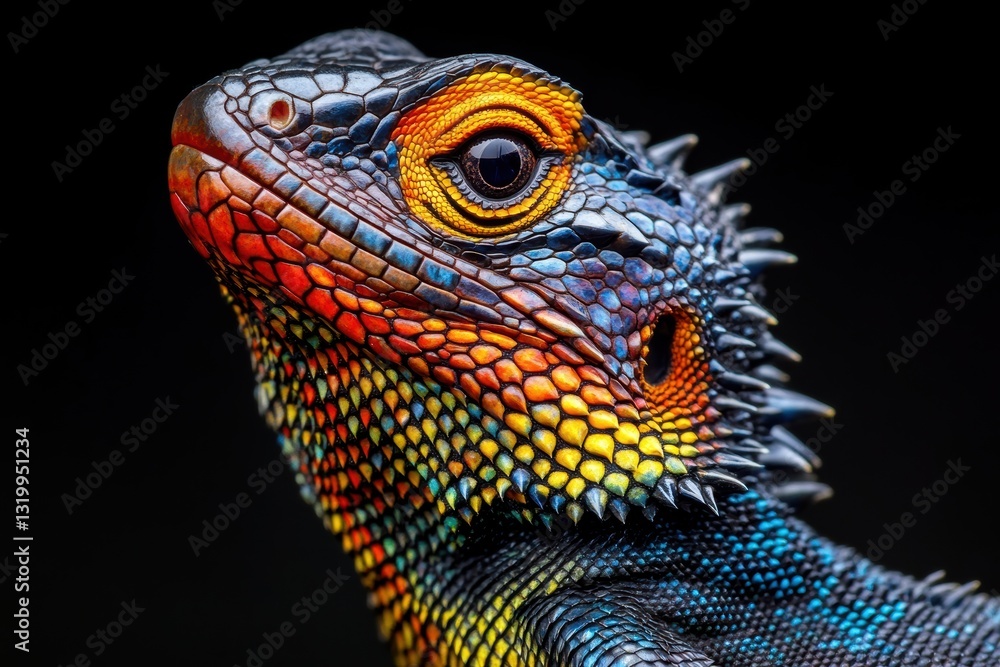 Obraz premium Vibrant lizard showcasing striking color patterns in a detailed close-up