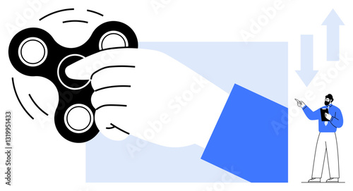 Large hand spinning a fidget spinner as a small man observes and points towards descending arrows. Ideal for focus, stress relief, productivity, creativity, relaxation, mindfulness, flat simple