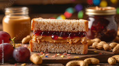 A joyful National Peanut Butter and Jelly Day celebration, featuring a beautifully arranged PB&J sandwich on a rustic wooden table. 
