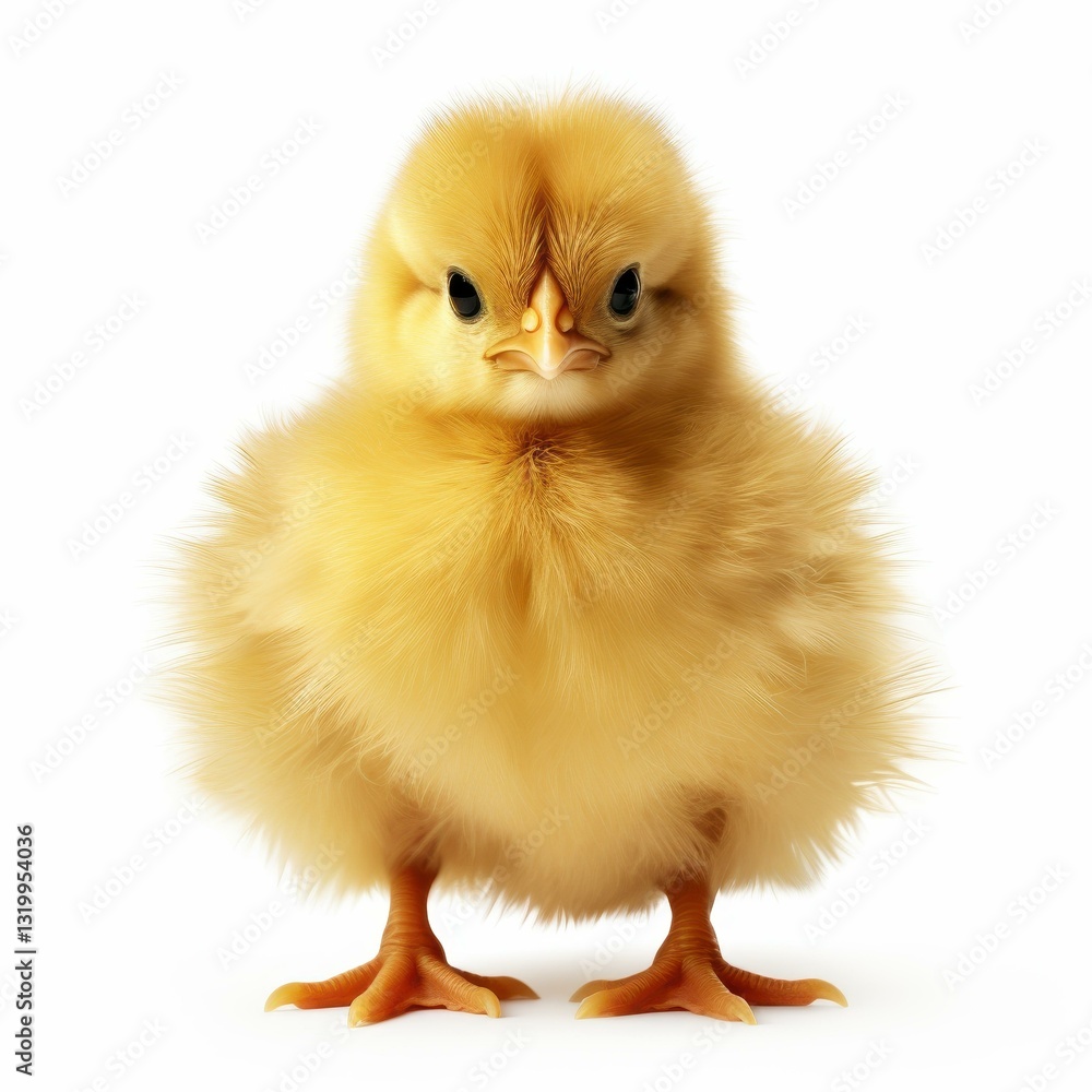 Obraz premium A cute yellow chick with bright eyes stands out against a clean white backdrop, perfect for springthemed designs.