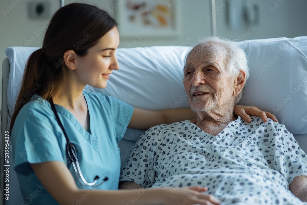 Obraz premium Young nurse provides comfort to elderly patient in hospital during daytime hours