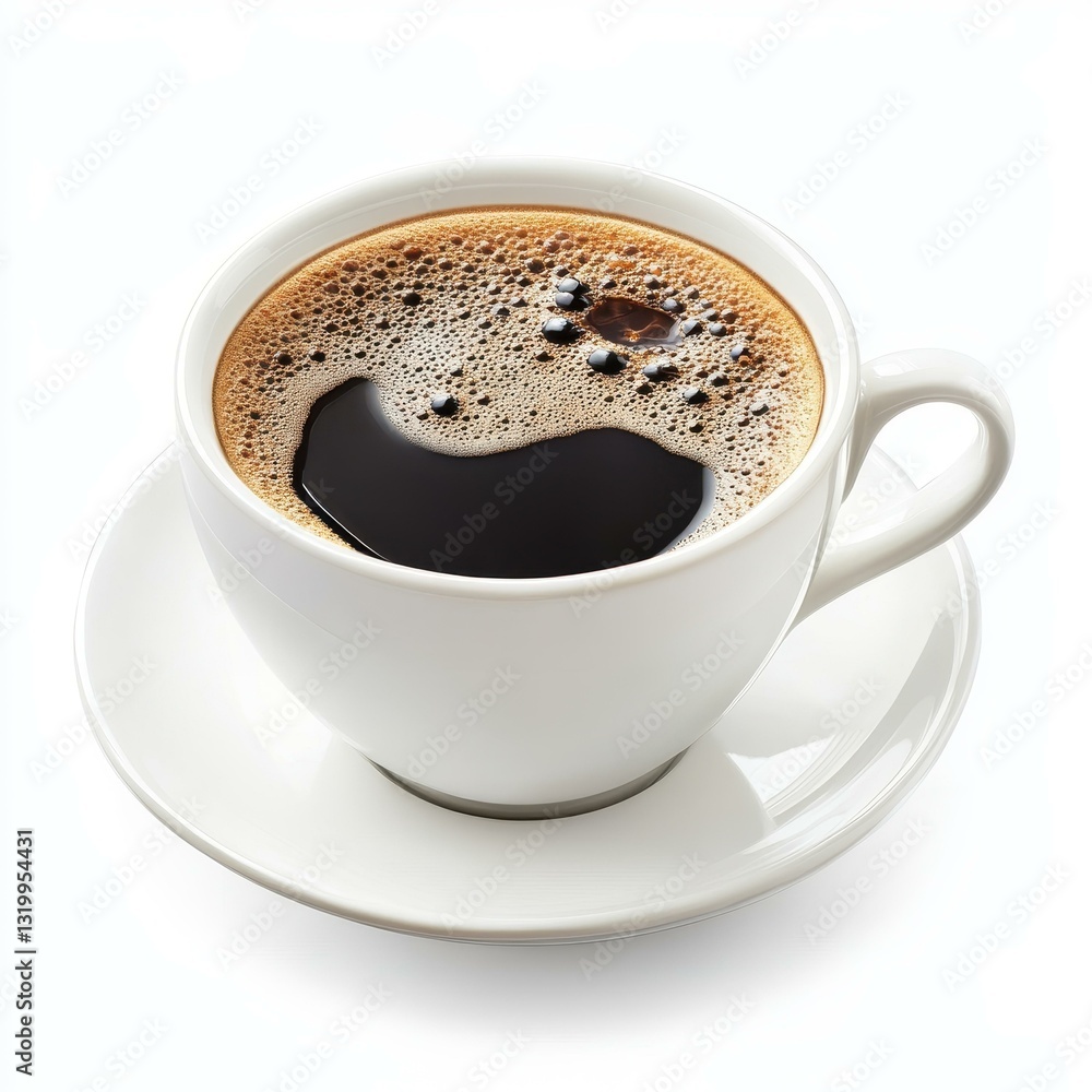 Obraz premium Enjoy a steaming cup of coffee, perfect for your morning boost, set against a clean white background.