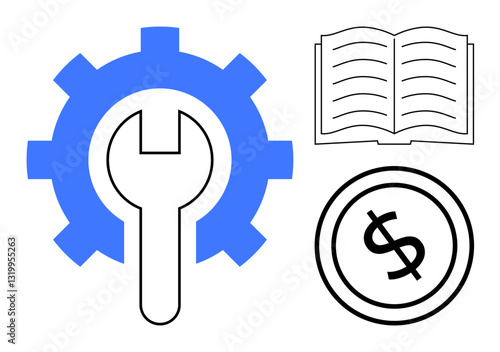 Wrench and gear illustrating tools and productivity, book symbolizing learning, dollar coin for finance. Ideal for education, business, mechanics, strategy, support, productivity monetary focus