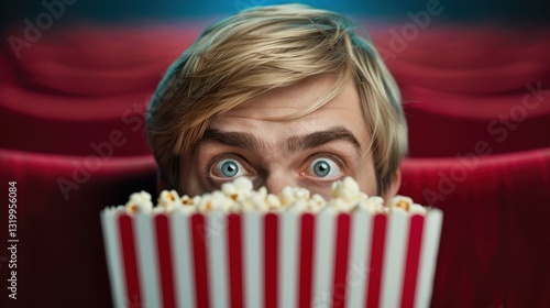 A shocked young boy wideeyed with excitement, clutching a large box of popcorn as he watches a scary movie in the theater. photo