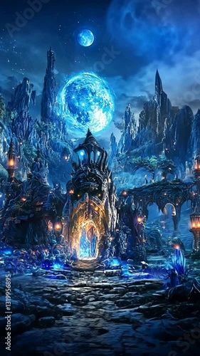 Majestic fantasy landscape with glowing structures under a luminous moon