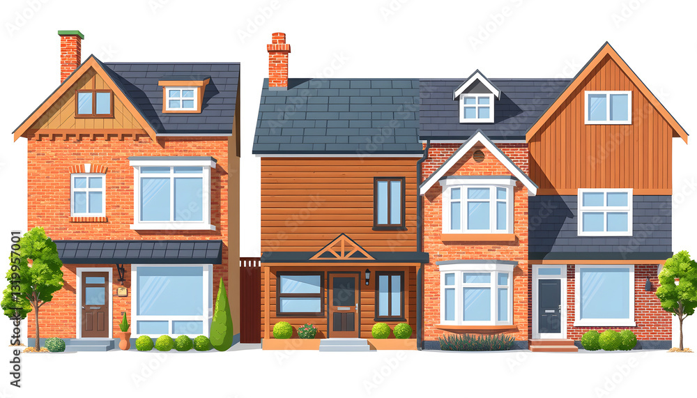Front view house exteriors. Private cartoon modern nice wooden and brick houses of different shapes and colors. Housing buildings vector illustration isolated on white background isolated with white Front view house exteriors. Private cartoon modern nice wooden and brick houses of different shapes and colors. Housing buildings vector illustration isolated on white background isolated with white