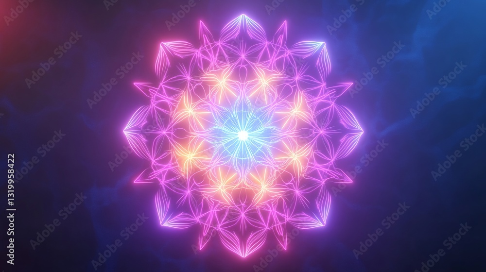 Stylized mandala composed of interwoven quantum filaments radiating calming neon energy into the void pastel neon style Stylized mandala composed of interwoven quantum filaments radiating calming neon energy into the void pastel neon style