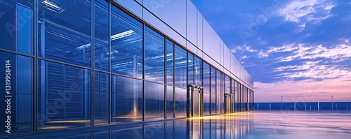 Modern Data Center Exterior at Dusk with Reflections and Colors