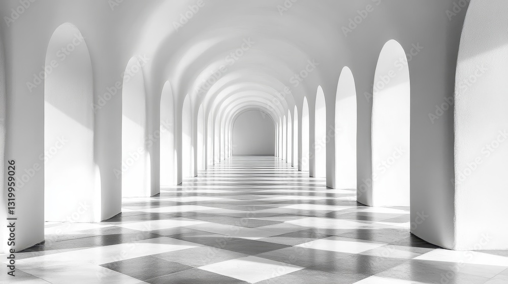 White Archway Corridor, Sunlight, Empty White Archway Corridor, Sunlight, Empty