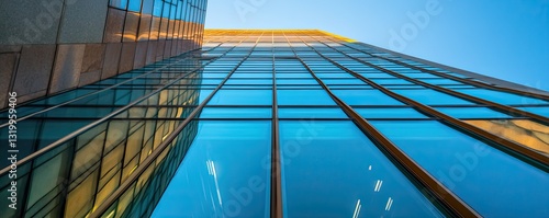 Modern Architectural Glass Facade with Blue Sky Background