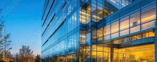 Modern Glass Building with Evening Sky Reflection and Warm Lights