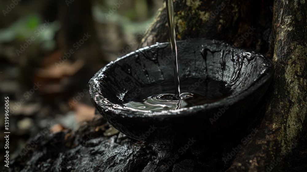 Detailed image of a rubber tree with freshly tapped latex gently dripping into a rustic black bowl, surrounded by natural forest floor textures Detailed image of a rubber tree with freshly tapped latex gently dripping into a rustic black bowl, surrounded by natural forest floor textures