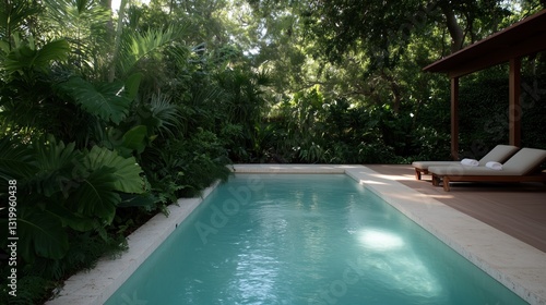 Wallpaper Mural Luxurious Poolside Oasis: A tranquil swimming pool, flanked by verdant foliage, exudes serenity and invites relaxation, offering an idyllic escape for leisurely moments. Torontodigital.ca