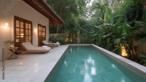 Wallpaper Mural Luxury Oasis: An inviting outdoor pool area with lounge chairs, a tranquil retreat blending modern design with natural elements, offering a serene escape. Torontodigital.ca