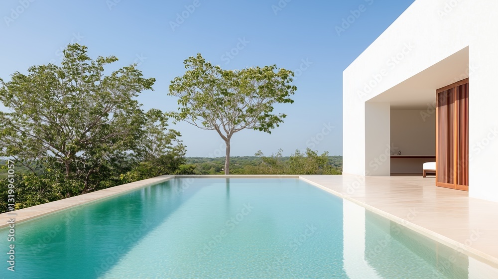 Fototapeta premium Contemporary Oasis: A serene swimming pool reflects the clear blue sky, inviting tranquility. The sleek lines of the modern architecture create a captivating contrast.