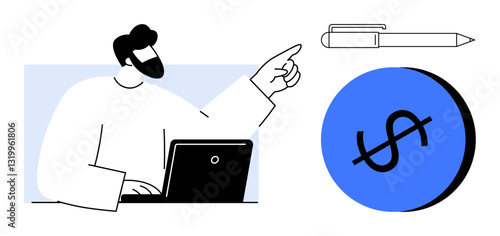Man using laptop points at a pen and a dollar sign, symbolizing creativity, planning, and finance. Ideal for business, finance, planning, creativity, office work productivity digital marketing
