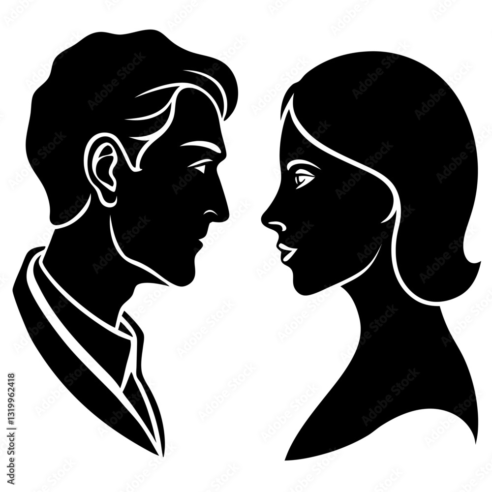 Couple Silhouette Profile Facing Each Other - Romantic Man and Woman Vector Illustration, Romantic couple silhouette profile vector illustration, perfect for love and relationship designs. Couple Silhouette Profile Facing Each Other - Romantic Man and Woman Vector Illustration, Romantic couple silhouette profile vector illustration, perfect for love and relationship designs.