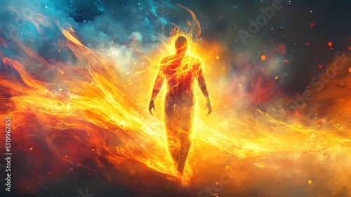 Wallpaper Mural A mystical figure of a humanoid emerging from vibrant flames, embodying energy and transformation in a stunning display of fiery brilliance. Fiery Brilliance. Illustration Torontodigital.ca