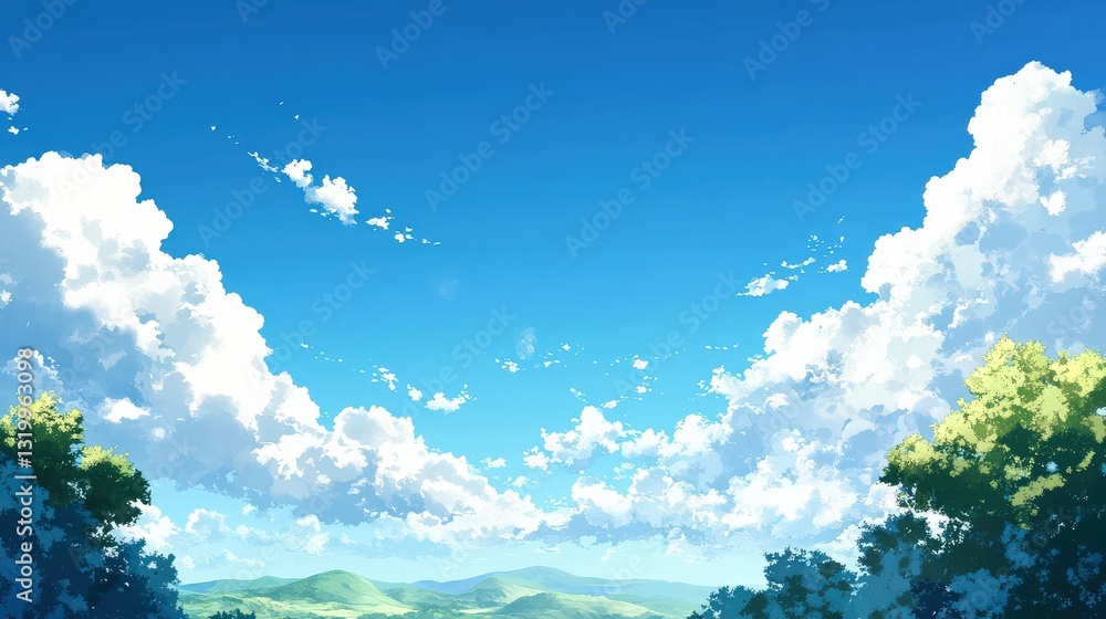 Fototapeta premium Serene Landscape with Clear Blue Sky and Fluffy White Clouds Overrolling Lush Green Hills in a Peaceful Natural Setting