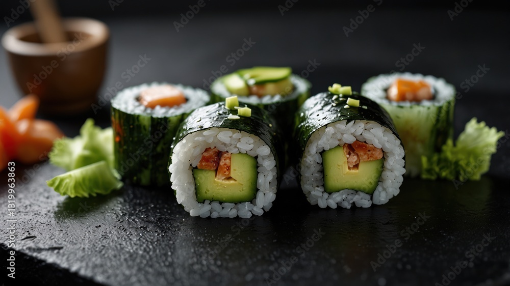 Fresh sushi rolls filled with avocado, salmon and cucumber, served on a black stone plate. Fresh sushi rolls filled with avocado, salmon and cucumber, served on a black stone plate.