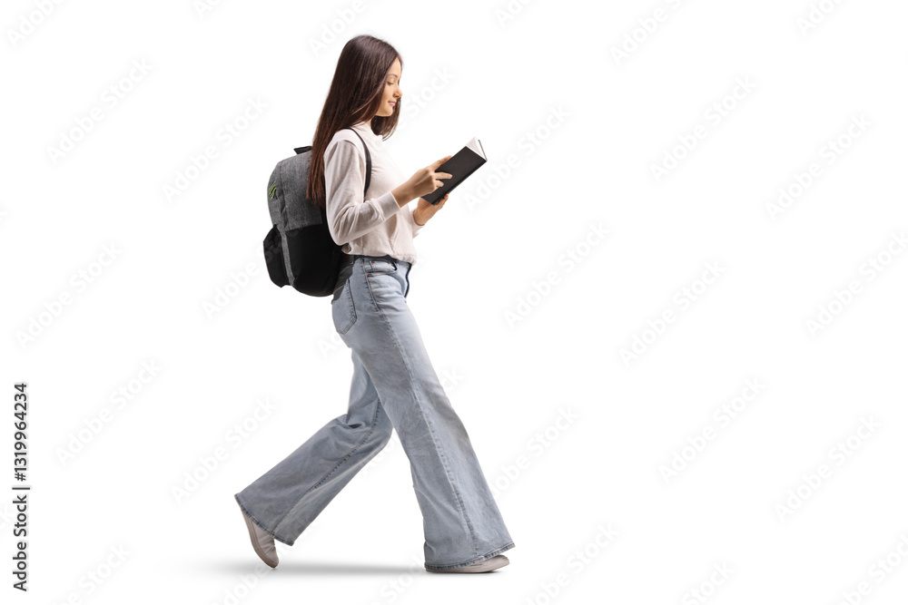 Full length profile shot of a female teenage student walking and reading a book Full length profile shot of a female teenage student walking and reading a book