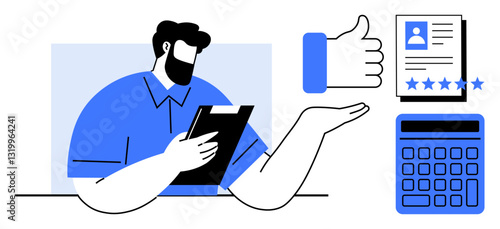 Professional assessing applicants data, holding clipboard. Elements include thumbs-up, profile with stars, and calculator. Ideal for recruitment, rating, evaluation, analytics decision-making